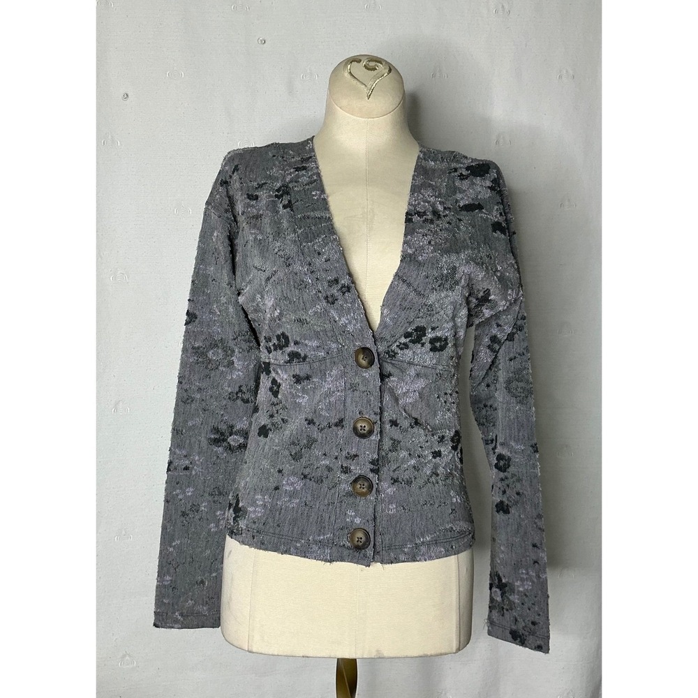 Free People Top XS Gray Textured Button Front Long Sleeve Boho Grunge - Picture 3 of 11